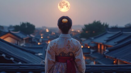 Fototapeta premium Young woman in Chuseok Day Food,Various Rice Cake, Korean Traditional Food,Rice Cake or Songpyeon,Kkultteok,ggultteok is Ball Shaped Rice Cake,seollal 2025.