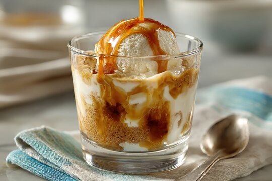 Delicious caramel sauce pouring over vanilla ice cream parfait dessert in a glass.