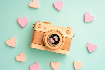 Wooden Camera and Hearts Flatlay Photography, Pastel Colors, Love Concept, Mint Background Keywords Flatlay, Valentine's Day