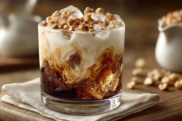 Delicious layered iced coffee drink with creamy texture and crushed nuts on top.