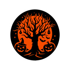 Spooky Halloween Tree with Roots and Pumpkins Under Moon