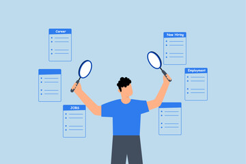 Job seeking, businessman holding a magnifying glass in both hands seeking new job opportunities.