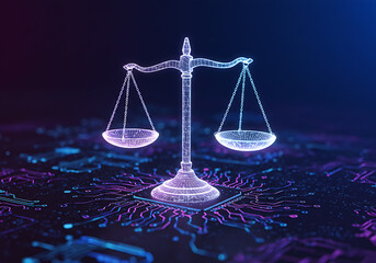scale of justice, Digital balancing scale justice, fairness in modern technology environment. Holographic scales balance on illuminated datum background of ai circuitry. Innovation concept in abstract