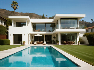 a sleek, modern white house with large windows and an outdoor pool in the backyard