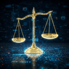 scale of justice, Digital balancing scale justice, fairness in modern technology environment. Holographic scales balance on illuminated datum background of ai circuitry. Innovation concept in abstract