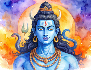 Watercolor painting of Lord Shiva with third eye, trident, and colorful background in cosmic artistic style
