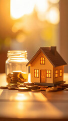 Close up stack of coins with house on the background.