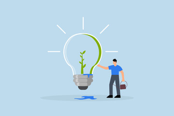 Ecology and sustainable business, businessman watering seedling growing inside a green bulb.