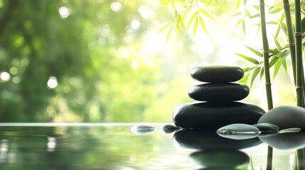 Serene Stacked Stones and Bamboo Reflection, Zen Garden, Spa, Peace, Tranquility Zen garden, Spa ambiance