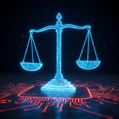 scale of justice, Digital balancing scale justice, fairness in modern technology environment. Holographic scales balance on illuminated datum background of ai circuitry. Innovation concept in abstract