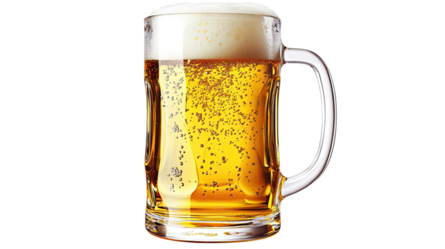 Glass of Golden Beer with Foamy Head and Rising Bubbles Isolated on White Background