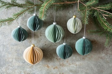 Seven Paper Christmas Ornaments Hanging From Fir Branch, Green and Beige, Rustic Background, DIY Craft, Christmas Decorations Christmas Ornament, Paper Craft