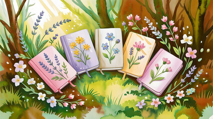 Obraz premium Five charming, pastel-colored books adorned with floral designs lay open in a sun-dappled forest, surrounded by blooming wildflowers and lush greenery