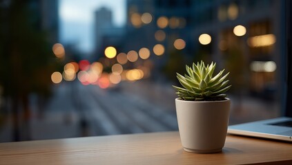 A small potted succulent glowing softly in the dim light of an office desk, with blurred bokeh lights and laptop screen in the background. The focus is on the vibrant yellow glow emanating from 