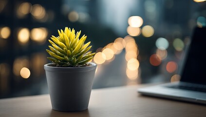 A small potted succulent glowing softly in the dim light of an office desk, with blurred bokeh lights and laptop screen in the background. The focus is on the vibrant yellow glow emanating from 