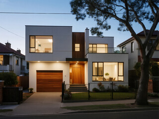 A front view of a contemporary two-story house in white and dark wood with small windows, a dark brown door,