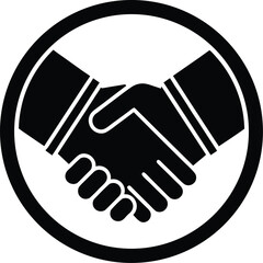 Black handshake icon inside a circle representing agreement and partnership business deal