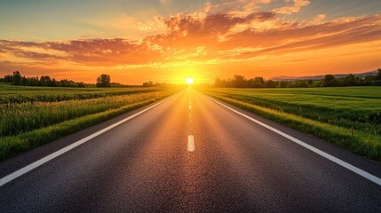 Naklejka premium A scenic road stretches towards a vibrant sunset.