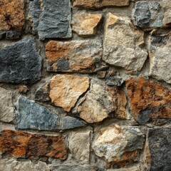 Obraz premium A close-up of an old stone wall, showcasing the texture and colors of the rugged surface. The wall is made up of various sized stones fitted together, creating a unique pattern 
