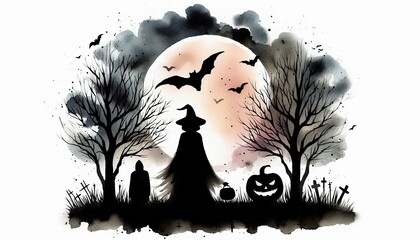 Watercolor halloween scene with witch, bats, moon, and pumpkin for spooky season art