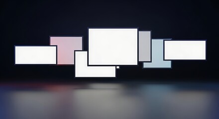 An abstract composition of overlapping white and pastel-colored rectangles floating above a reflective dark surface.