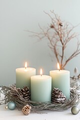 Three Teal Candles in Winter Wreath, Festive Still Life Photography, Cozy Christmas Decor, Candles, Pine Cones Christmas Decor, Winter Candles