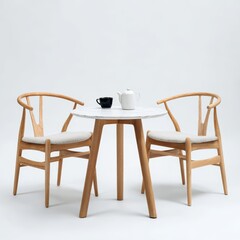 A minimalist table setting, featuring a round table, two chairs, a teapot, and a teacup. The scene evokes a sense of calm and simplicity.