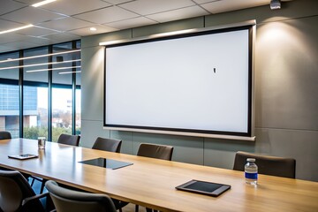 Modern conference room with projector screen and wooden table