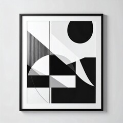 Geometric Composition of Black And White Shapes Poster in a Black Frame On White Wall