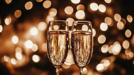 Two Champagne Flutes, Bokeh Lights, Festive Celebration, Close-Up Composition, Golden Hour Photography, New Year's Eve Champagne, Celebration