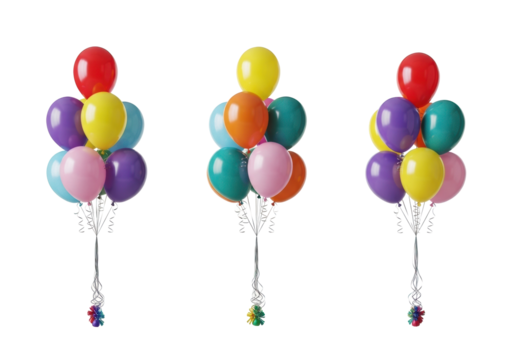 Three vibrant helium latex balloon clusters in red, orange, yellow, blue, teal, pink, purple, with metallic ribbons, on a transparent seamless studio background, no shadows, slightly high-angle,