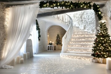 Whimsical Winter Wonderland Spiral Staircase, Christmas Decor, White Room, Fairy Lights, Candles, Composition, Image. Christmas