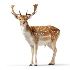 Fototapeta premium A majestic deer standing tall, showcasing its impressive antlers and spotted coat. The deer is a symbol of grace and beauty in the wild