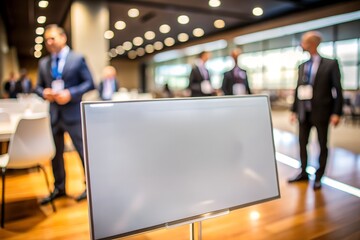 Fototapeta premium Blank presentation screen with business professionals in background