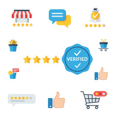 A collection of colorful flat icons representing customer reviews, ratings, e-commerce, and online shopping satisfaction.