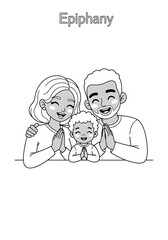 Happy Diverse Family Praying Together: Black and White Cartoon Illustration
