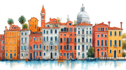 A charming watercolor illustration depicts the colorful buildings and canals of Venice, complete with gondolas and iconic architecture, against a white background.