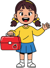 
A cartoon illustration of a happy young girl with pigtails, wearing a yellow long-sleeved shirt and blue skirt, holding a red lunchbox with an apple sticker,