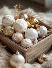 Wooden Box of White and Gold Christmas Ornaments, Christmas Decor, Holiday Still Life Christmas Ornaments, Winter Decor