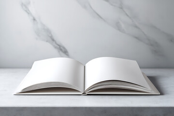 Open book with blank white pages resting on a textured gray surface with a marble patterned background, ready for content creation.