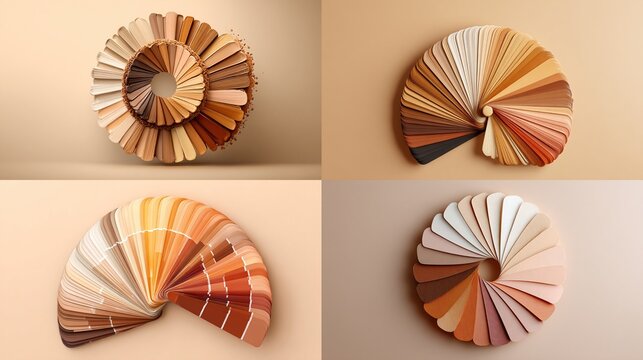 Four digitally-rendered color palettes, each a swirling fan of numerous beige, brown, and tan paint chips arranged in a circular or semi-circular pattern on a neutral background