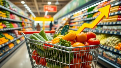 A grocery cart with fruits and vegetables against the background of an inflation arrow in a supermarket. The image reflects rising prices and financial stress.