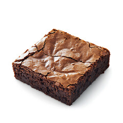 A single square piece of rich, cracked chocolate brownie isolated on a white background.