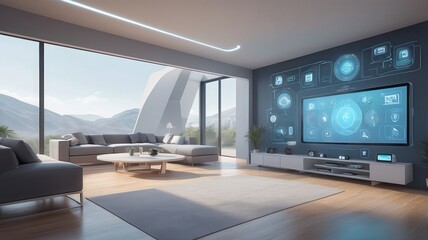 A modern living room with a large tv displaying a smart home interface and a scenic outdoor view