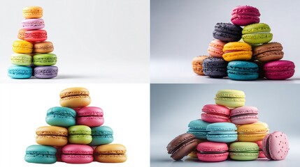 Pyramids of stacked pastel-colored macarons against gradient white background