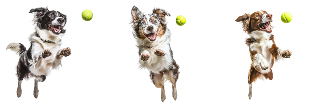 Set of happy dogs jumping for a tennis ball isolated on transparent background PNG