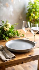 Empty gray plate on wooden table with flowers and glasses