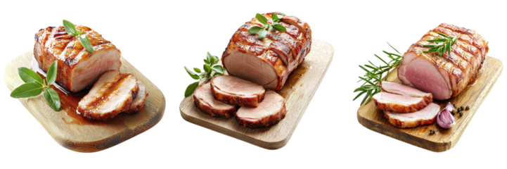 Set of tasty boiled pork with seasonings on cutting board isolated on transparent background PNG