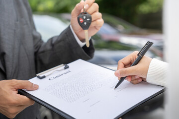 lease, rental car, sell, buy. Sign contract for new and used Car. Sales, loan credit financial, rent vehicle, insurance, renting, Seller, dealer, installment, car care business