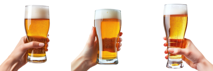 Set of glasses of beer in hand isolated on transparent background PNG